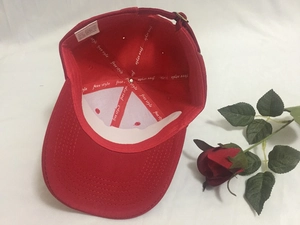 Detailed interior of red baseball cap showing wash label and adjustable metal buckle