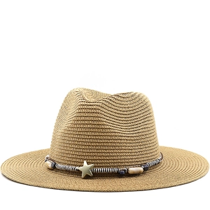 Woven Straw Fedora Sun Hat Wide Brim Breathable Summer Beach Travel Outdoor With Star Metal Charm Beaded Band For Women