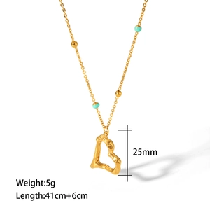 Retro 18K gold plated stainless steel necklace with heart pendant and blue beads