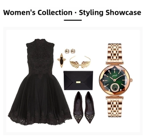 Green dial rose gold watch styled with black lace dress and matching accessories