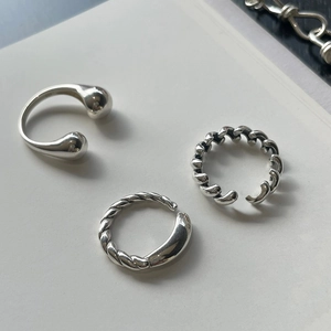Three-piece minimalist 925 sterling silver open ring set with twist and bead designs