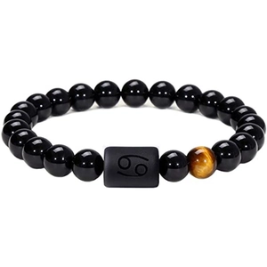 8mm black agate and tiger eye stretch bracelet with Cancer zodiac sign cylinder bead