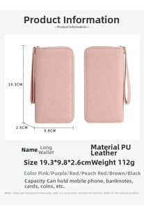 Detailed view of pink lychee texture long wallet with dimensions 19.3x9.8x2.6cm and wristlet