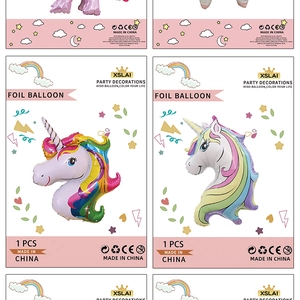 Detailed retail packaging for a large unicorn foil balloon with colorful rainbow theme