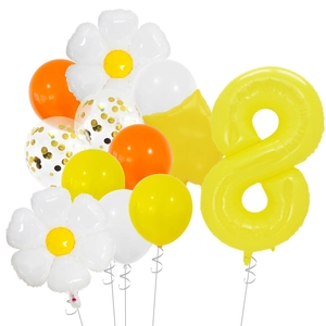 Detail of yellow number 8 foil balloon with daisy and star balloons for 8th birthday party