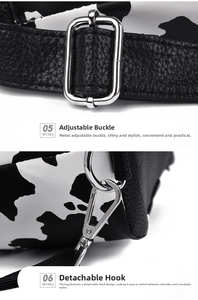 Detail of adjustable metal buckle and detachable swivel hook on leopard print tote bag