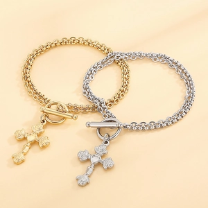 Stainless steel double-layered bracelet featuring OT clasp and rose engraved cross pendant