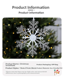 Infographic showing white glitter snowflake ornaments in 13cm, 21cm, and 26cm sizes