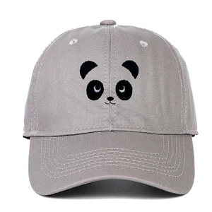 Grey cotton baseball cap with cartoon panda face embroidery and a classic curved brim