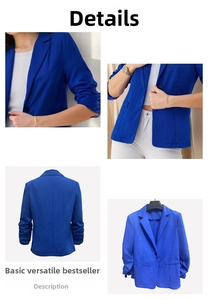 Detail of royal blue blazer showing ruched three-quarter sleeves and slim fit design