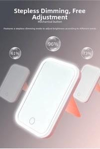 Detail of square LED makeup mirror showing pink shell and stepless dimming brightness levels