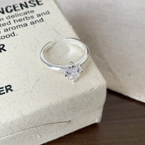 Minimalist 925 sterling silver open ring with rectangular four-claw zircon on cream box