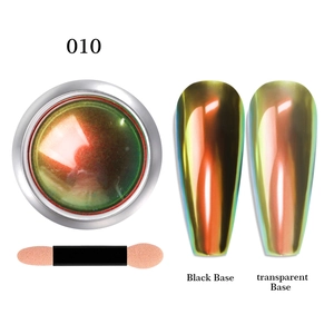 Chameleon chrome nail powder 010 showing black base and transparent base effects