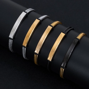 Hip Hop Punk Geflochtenes Kettenarmband Titan Edelstahl Poliertes Rechteckiges Plattenarmreif Für Unisex Männer Frauen
