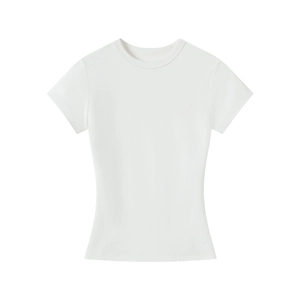 Detail of white modal slim-fit T-shirt showing round neck and smooth fabric texture