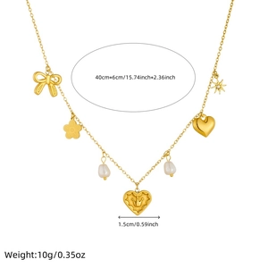 Gold stainless steel necklace with butterfly heart and star charms with pearl accents
