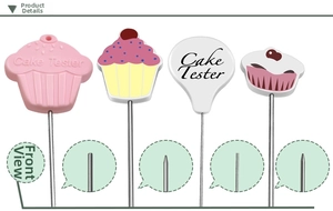 Macro detail of stainless steel cake testers with colorful silicone handles for baking