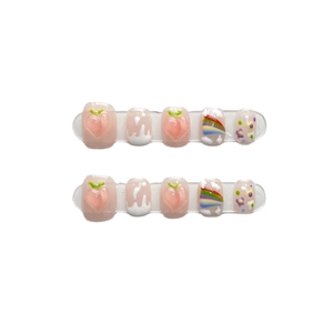 Handmade rainbow peach press-on nail set with 3D fruit designs and floral patterns