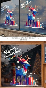 Detail of Christmas reindeer window stickers with colorful geometric patterns and gift boxes