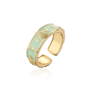 18K gold plated crown ring with mint green enamel and white zircon detail for women
