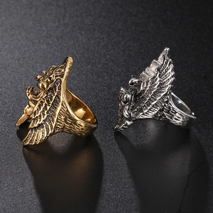 Hip hop style eagle wing open rings for men in gold and silver stainless steel