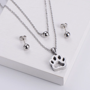 Three-piece stainless steel jewelry set featuring a cutout dog paw pendant and stud earrings