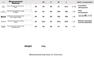 Detailed size chart for women's padded vest with measurements for XS to L sizes