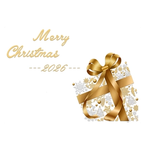 Merry Christmas 2026 window decal with golden gift box and elegant festive lettering