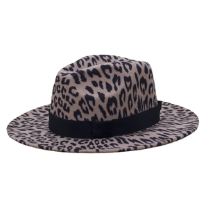 Classic leopard print wool fedora hat with black ribbon band and wide brim for retro style