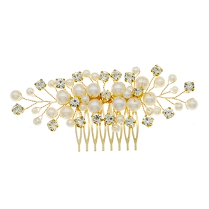 Handmade gold bridal hair comb featuring elegant white pearls and sparkling rhinestones