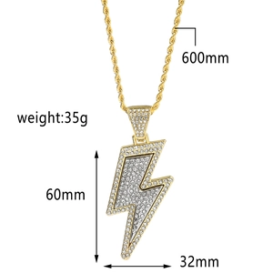 Hip hop gold lightning pendant necklace with rhinestones and 600mm twist chain
