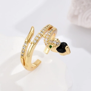 18K gold plated snake open ring with white zircon pave and black center stone