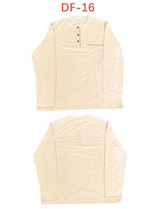 Detail view of beige long sleeve Henley shirt featuring a chest pocket and 3-button placket