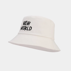 Close-up of white canvas bucket hat featuring black New World graffiti print detail