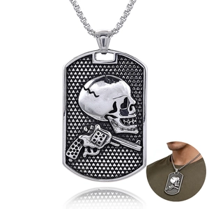 Men Stainless Steel Dog Tag Pendant Necklace Skull Revolver Pistol Pattern Punk Rock Goth Vintage Jewelry