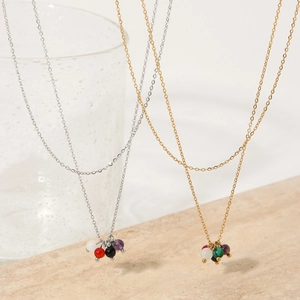 Double Layer Stainless Steel Necklace With Colorful Natural Stone Beads Pendant Minimalist Fashion Jewelry For Women