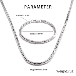 Detailed dimensions of stainless steel Byzantine chain necklace and bracelet jewelry set