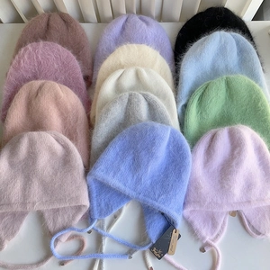 Winter Ear Flap Beanie Hat 80 Percent Rabbit Hair Warm Knit Trapper Cap With Long Straps For Women