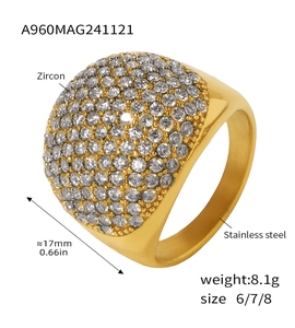 Macro detail of 17mm wide 18K gold plated stainless steel dome ring with zircon pavé