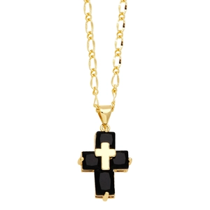 Hip hop gold Figaro chain necklace with a black zircon cross pendant for men and women