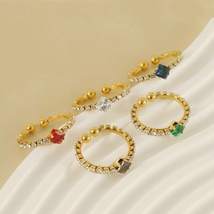 Set of five adjustable gold stainless steel rings with colorful square zircon stones