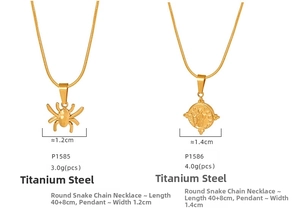 Detail of titanium steel gold spider and relief pendant with snake chain specifications