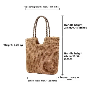 Detailed size specifications for large handmade woven straw tote bag in summer beach style
