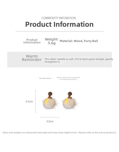 Detail showing dimensions and silver needle material of beige pompom wood earrings