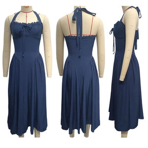 Three-view display of navy blue halter dress with bow detail and pleated hem design