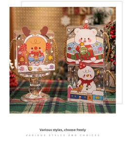 Detailed view of PVC Christmas gift boxes with reindeer, bear, and snowman cartoon designs
