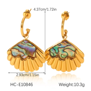 Detailed view of golden fan earrings with dimensions 4.37cm height and 2.93cm width