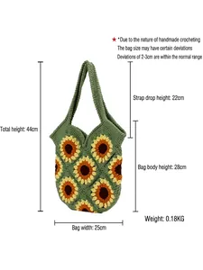 Handmade crochet sunflower tote bag in vintage green with dimensions 44x25cm