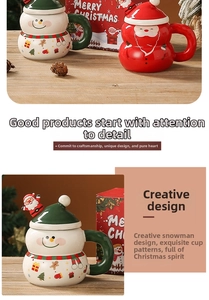 Detail view of festive ceramic mugs featuring snowman and Santa Claus designs with lids