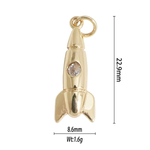 Golden rocket pendant with round clear gemstone featuring size 22.9mm x 8.6mm and 1.6g weight